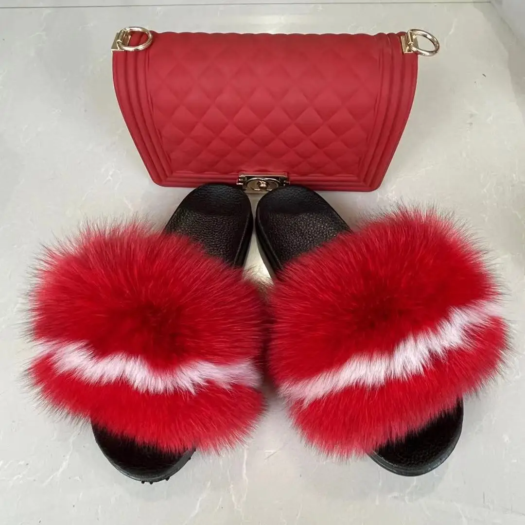 

Latest Jellyooy Beachkins Pvc Matte Jelly Bags With Fox Fur Slippers Sets Purse Bag Match Fur Slides Sandals Sets, Customized color