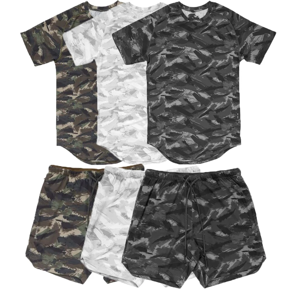 

Custom logo 100% polyester quick dry men's streetwear sets printed plain longline t shirt sweat shorts men sets two piece summer
