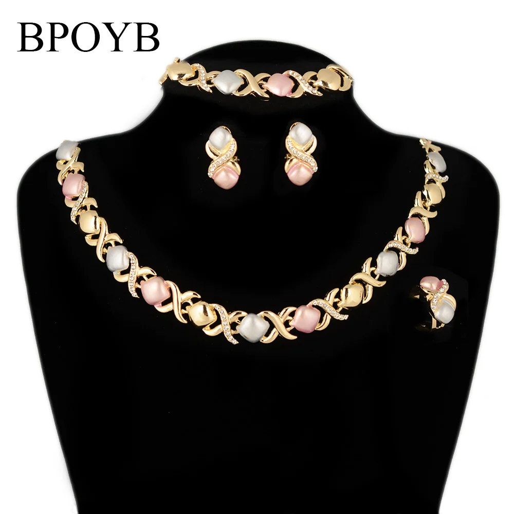 

BPOYB Inspired Wholesale Luxury Zircon Bridal Bollywood Nigerian Gold Painting 3 Colour Dubai Necklace Accessories Jewelry Sets