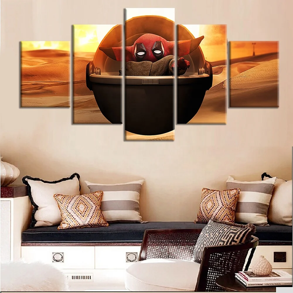 

5panels Moive Character Baby Yoda Posters Children's Room Decor Oil Painting Canvas TV Yoda Mandalorian Picture Wall Paintings, Multiple colours