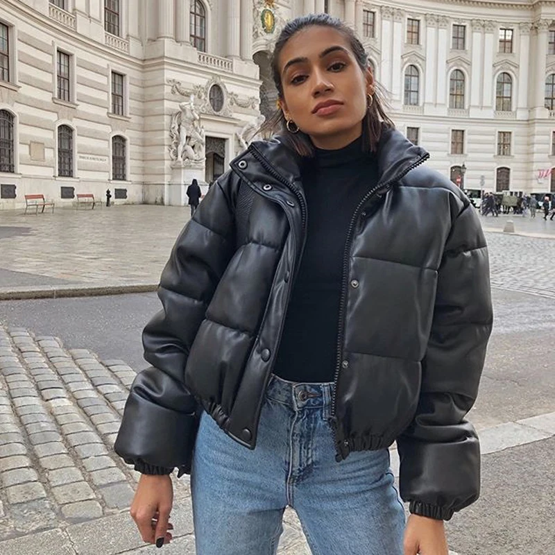 

Winter Thick Warm Parkas Women PU Leather Coats Women Cotton Jackets Female Ladies