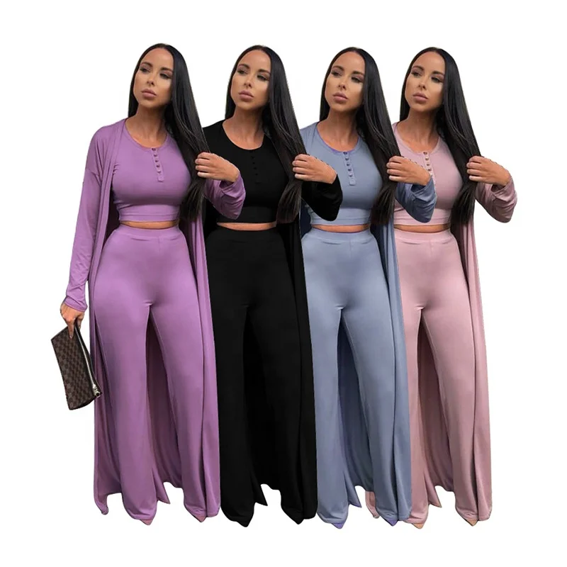 

KX-K9962 New fashion long sleeve fall cardigans 3 piece set women solid color casual straight pant set womens clothing