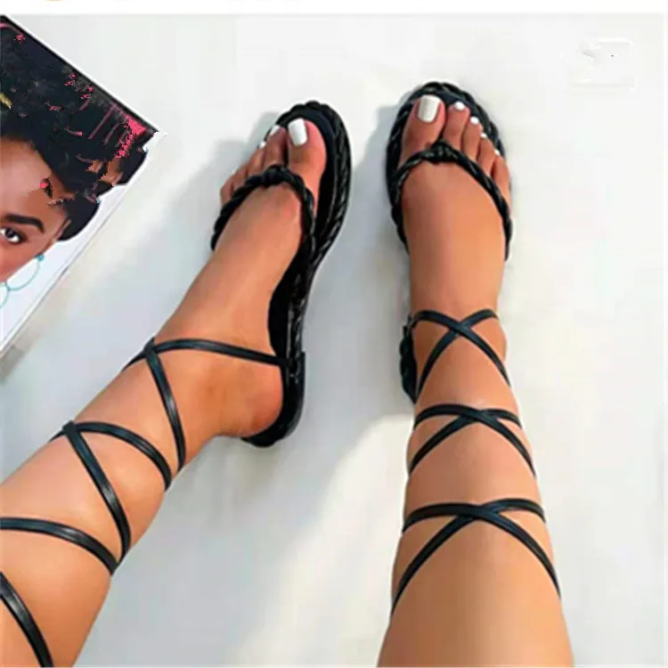

LX-298 2021 New plus size custom logo Roman sandals for women summer bandage cross strap flip toe flat sandals wholesale
