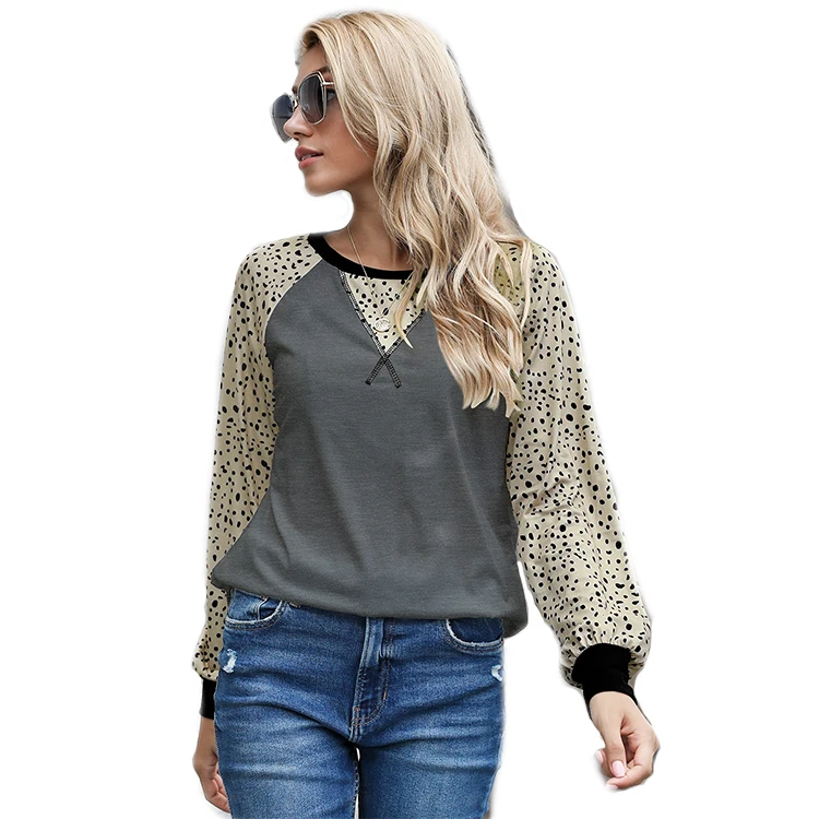 

Fall Winter Euromerican Round Neck Leopard Splice T-Shirt Tops Women Casual Pullover Sweatshirts Crewneck