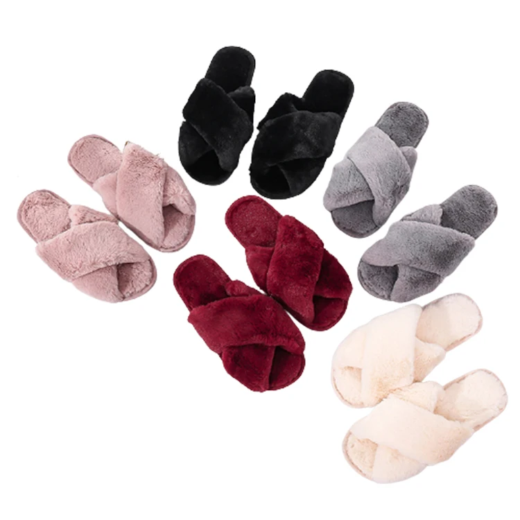 

Factory Direct Cross Band Rabbit Lady Fur Slippers Soft Plush Furry Winter Furry Slippers, Customized color