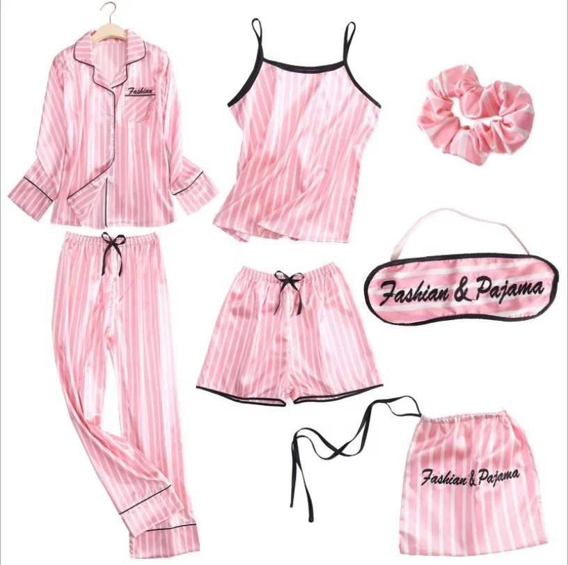 

Custom 7 Pcs Sets Satin Silk Nighty Elegant Women Pajamas Print Silk Suits Sleepwear