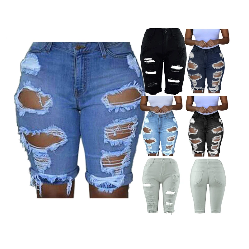 

2021 Wholesale Fashionable Casual Plain Dyed High Waist Ripped Jeans Short Jeans Pants For Woman