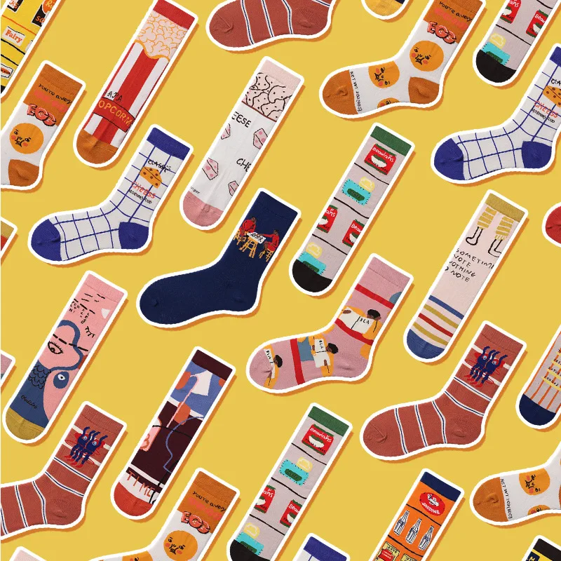

XIANGHUI Wholesale Custom Funny Dress Beer Face Bear Cheese Embroidered Fashion Jacquard Tube Multicolor Cotton Happy Socks