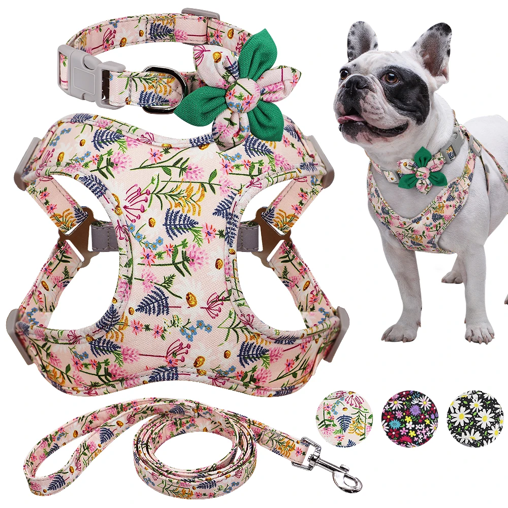 

French Bulldog And Printed No Pull Dog Harness Vest Leash Collar Set For Small Medium Large Dogs, Black/pink/purple