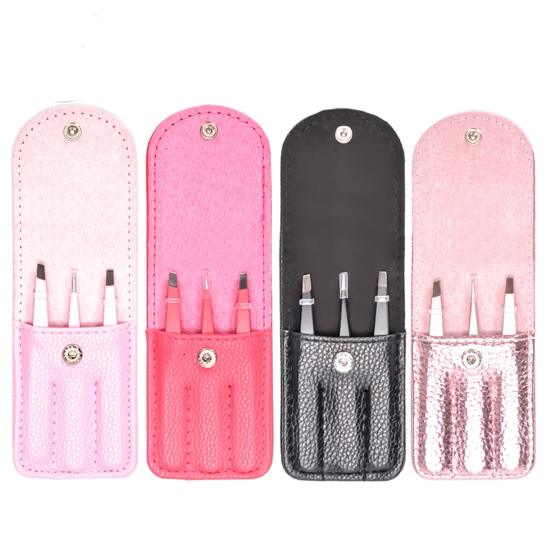 

Optional Colors Custom Lady Design Stainless Steel Applicator Slanted Tip 3 In 1 Set Case Eyebrow Tweezers, Black,rose red,pink,rose gold