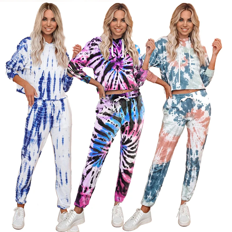 

New Arrivals 2020 Casual Two Piece Tie Dye Crop 2 piece Hoodie Sets Women