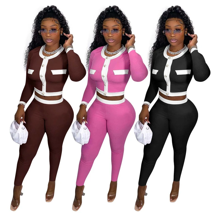 

New Arrival 2021 Casual Street Wear Button Crop Top Fall 2 Piece Set Women Clothing Two Piece Pants Set