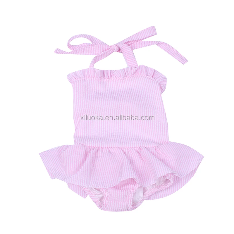 

Cute Toddler Girl Baby Girl Pink Grid Romper Fashion Clothing Ruffle Bowknot Girl Summer seersucker bodysuit romper, Picture