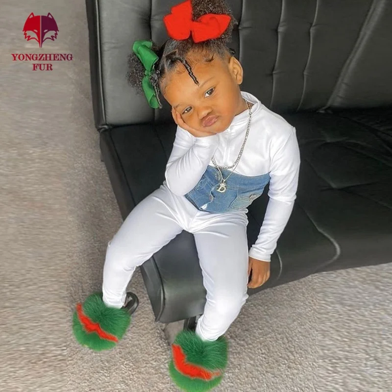 

Kids Slippers Fur Slides Real Fox Fur Slippers Kids child fur sandals Summer Fashion Fluffy Flip Flops fluffy slippers wholesale