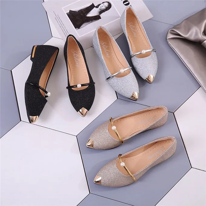 

2022 China wholesale cheap glitter gold silver shiny PU office women flat shoes