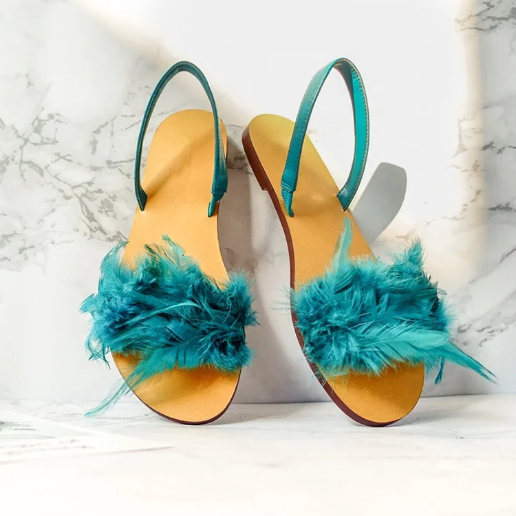 

2020 summer new fashion trend real feather and factory wholesale flat sandals for women