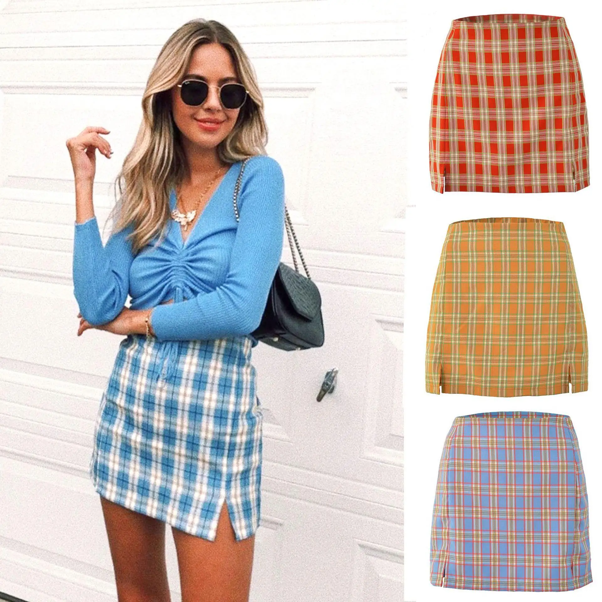 

Summer Fashion Woman Elegant All-match Slit Ladies High Waist Plaid Skirt, Shown
