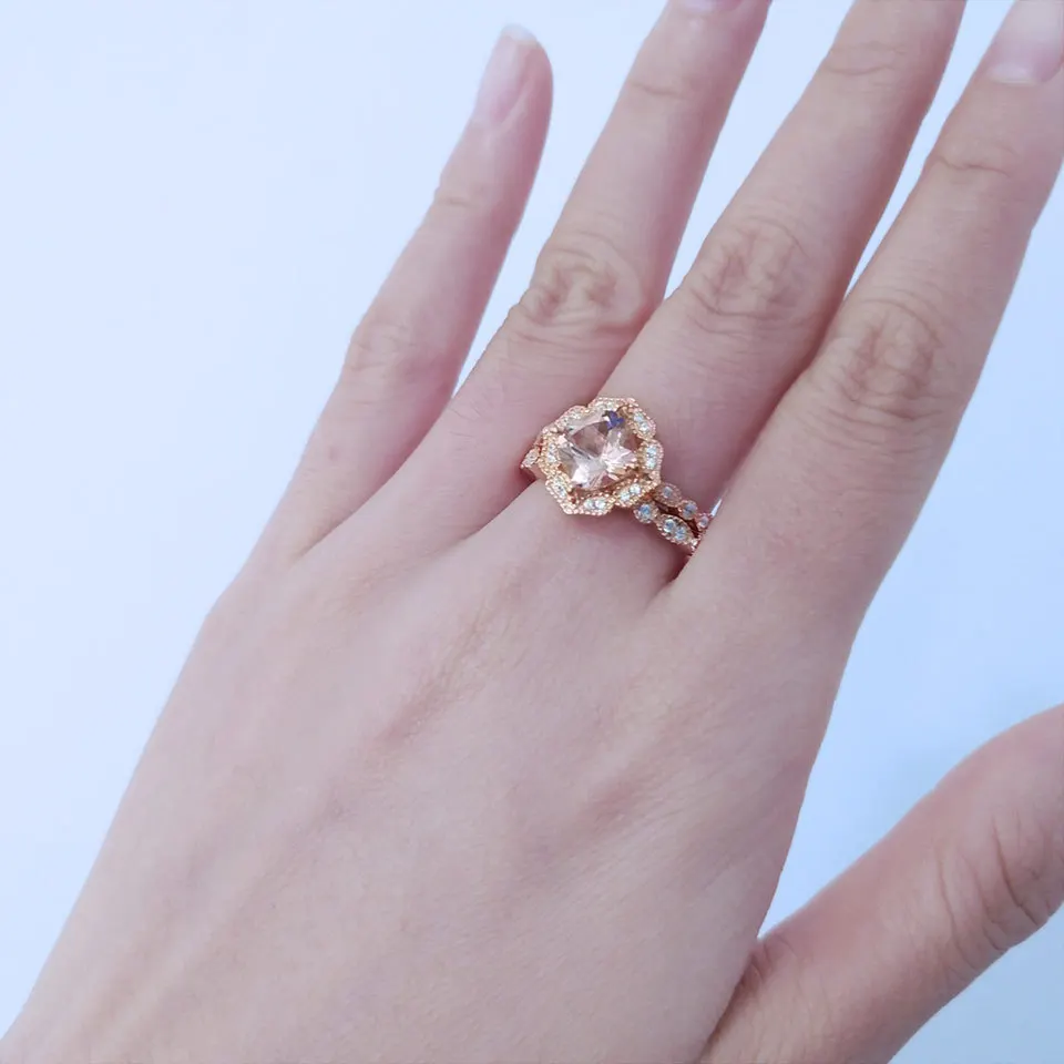 

2021Female Morganite Engagement Wedding Band Bridal Vintage Stacking Rings For Women Fine Jewelry 925 Sterling Silver Ring Set