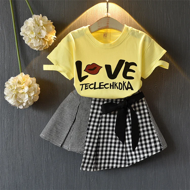 

Love Printing T shirt Top and Plaid Skirt Two Piece Outfit Baby Girl Clothing Sets Kids Clothes for Summer Casual Wear, Yellow, pink, white