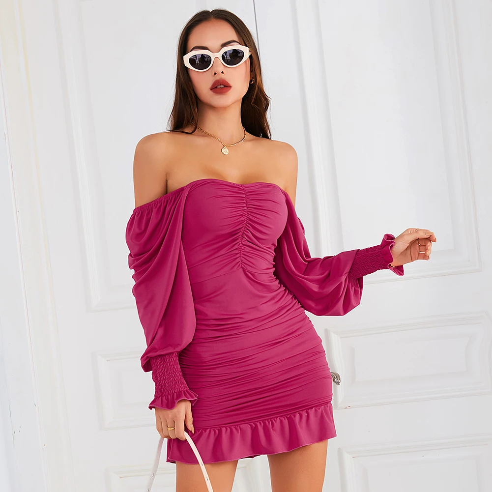 

Double Crazy Women Sexy Casual Dress Off Shoulder Ruffle Hem Long Sleeve Wrap Bodycon Dress