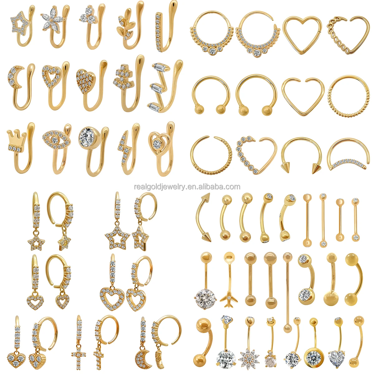 

Newest Trendy 14K Au585 Yellow Real Gold Different Shape Nose Ring Variety of Styles with CZ Piercing Fine Jewelry Customized