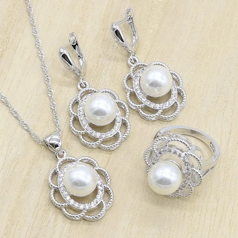 

White and Pink Pearl 925 Silver Bridal Jewelry Sets for Women Earrings Rings Pendant Necklace Birthday Wedding Gift