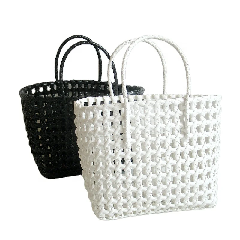 

Summer Beach Travel Plastic Handmade Tote Waterproof Women's Girls Straw Bags PP Woven Basket Handbag Storage Christmas Gift Bag