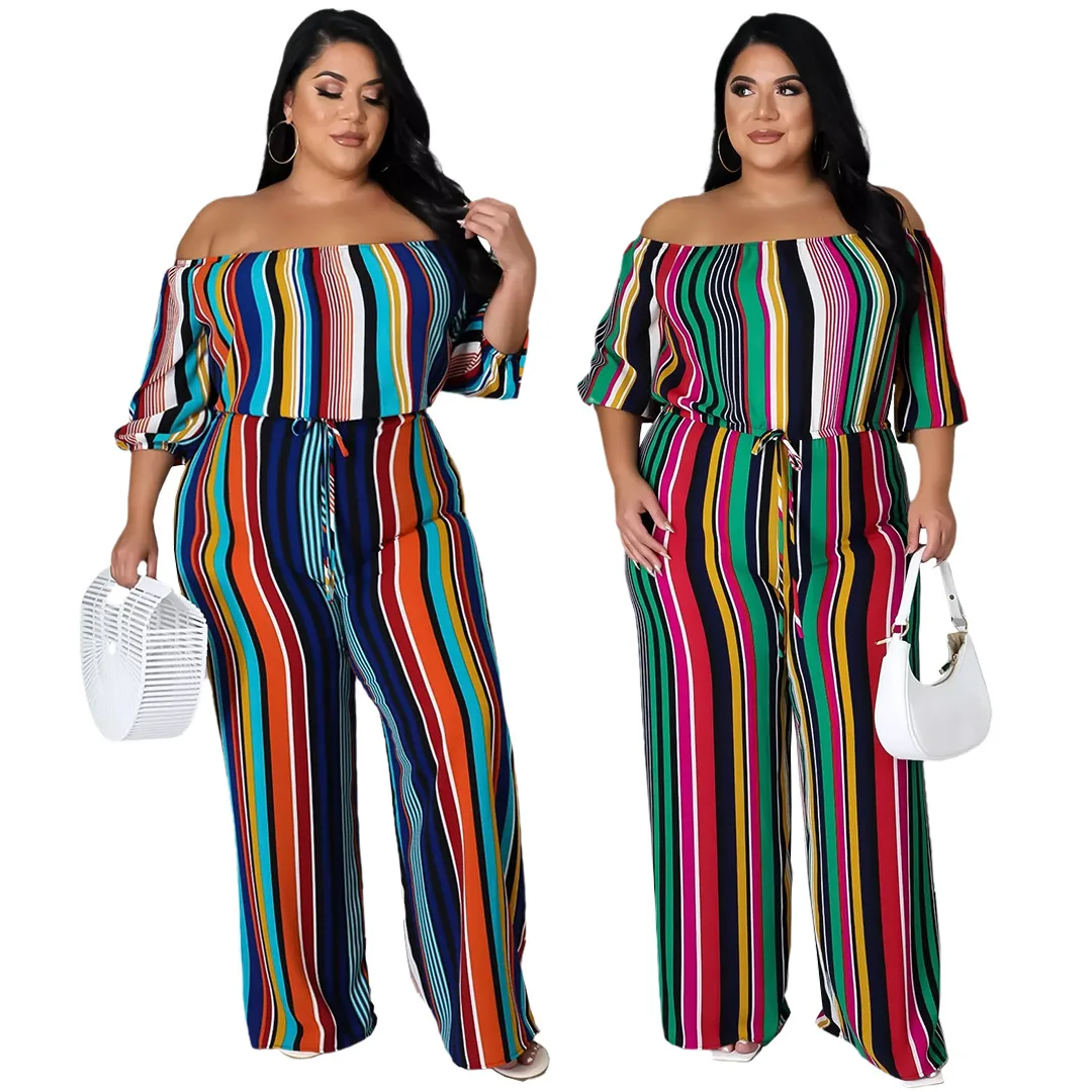

Fashion colorful striped long sleeve Strapless bodysuit plus size one piece Wide legs jumpsuits, Picture