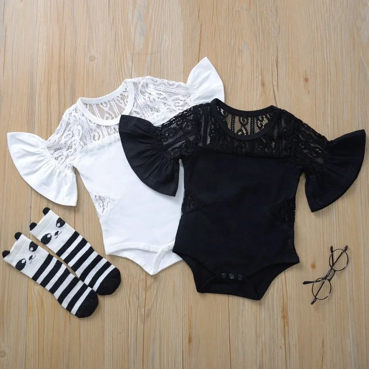 

B51984A Baby girls fashion lace up flare sleeve summer new style rompers, White/black