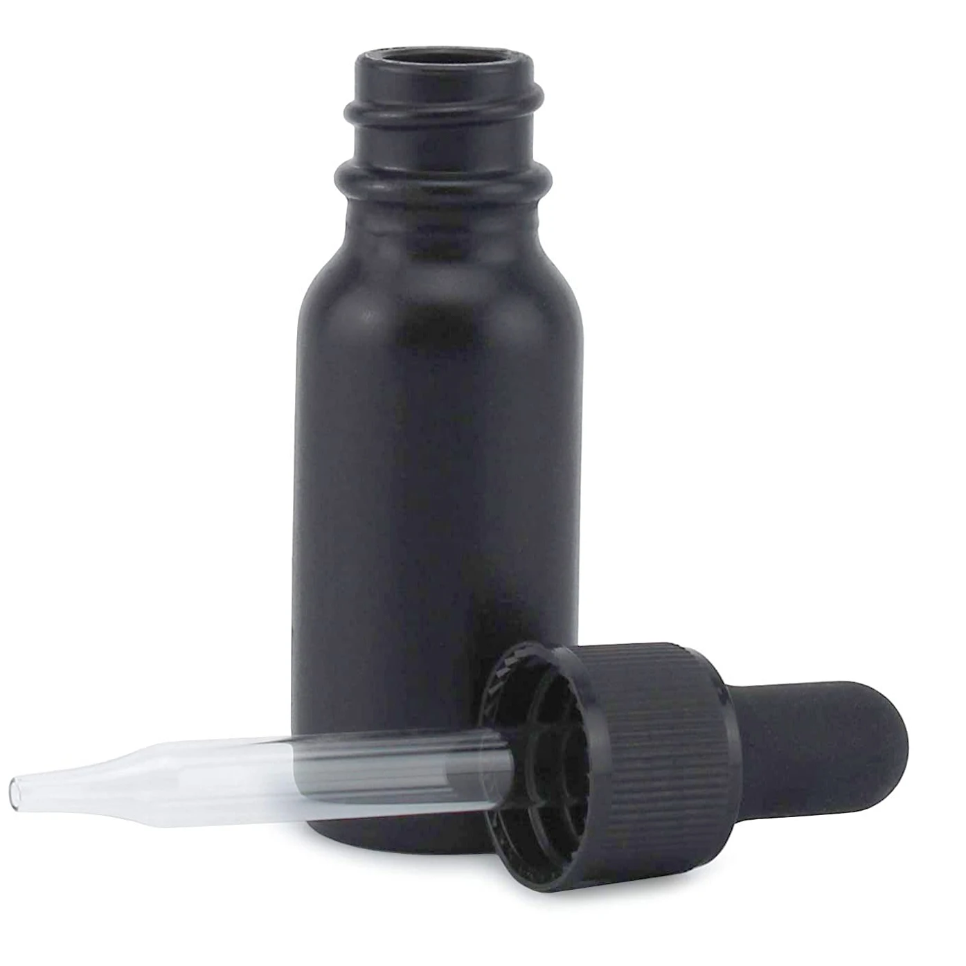 1oz 30ml Matt Black Boston Round Glass Bottle With 1ml Calibrated Glass