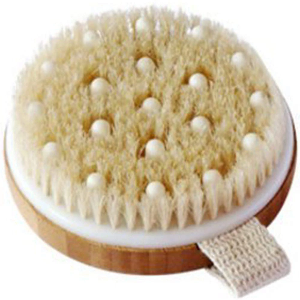 

Wholesale round natural Bristles Wood cellulite dry body bath brush with Rubber Massager