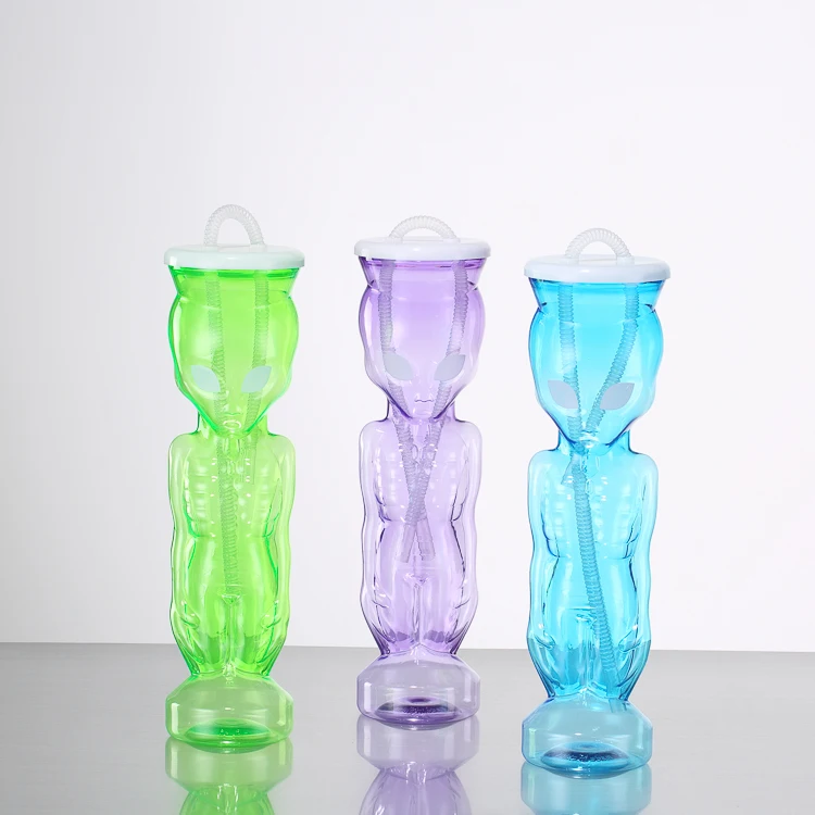 

Wholesale Novelty plastic drinking aliens-shape 650ml promotional custom logo party juice cups with straw