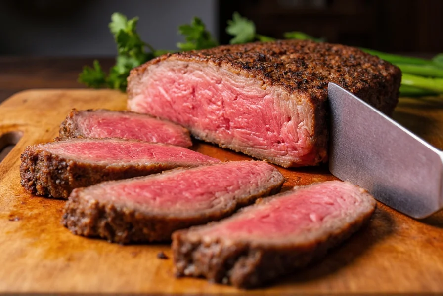 Close-up of perfectly sliced flank steak against cutting board with sharp chef's knife