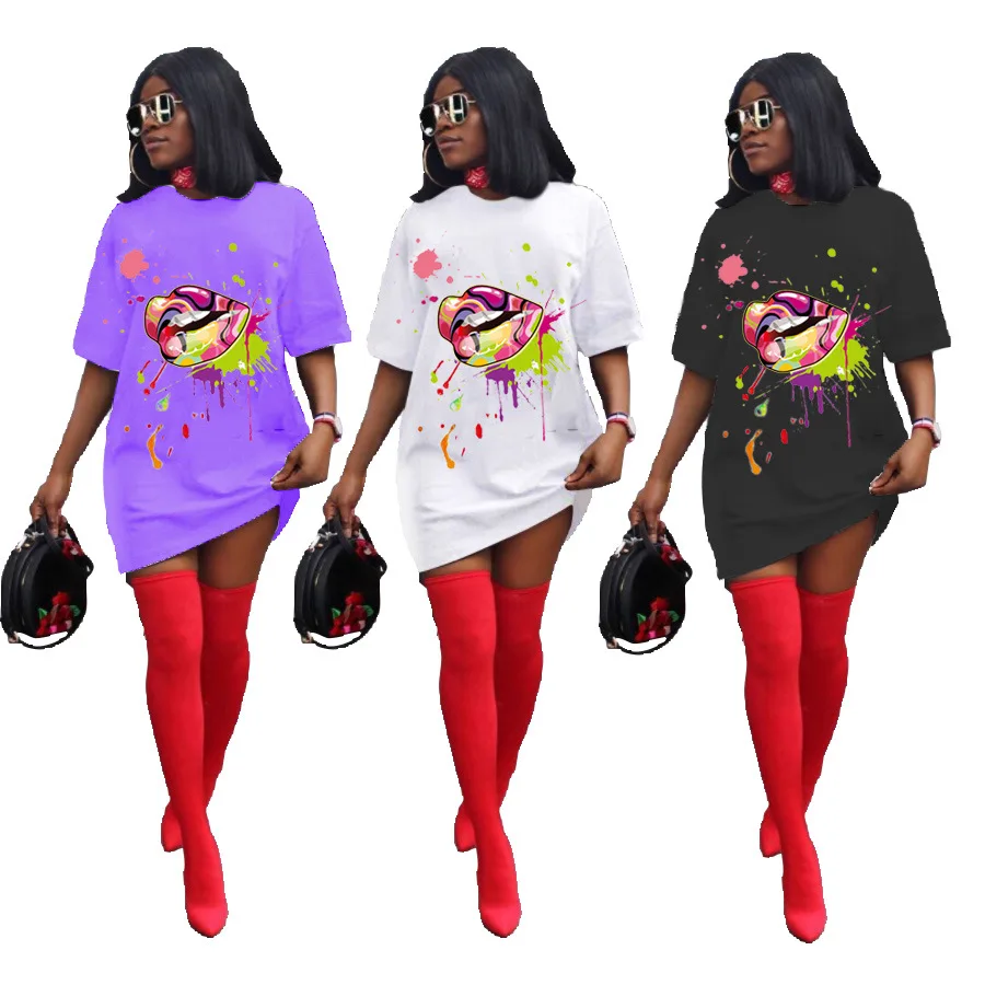 

tshirt dress for women summer new loose wear ladies casual dress short sleeves o-neck lips printed fashion dress