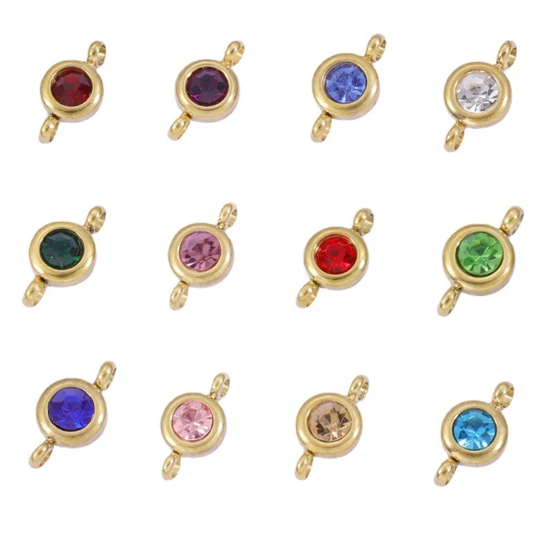 Fashion Jewelry Accessories Jewelry Findings Stainless Steel Birthday Stone 6.5 mm Round Charm Zircon CHARM 18k Gold Plated