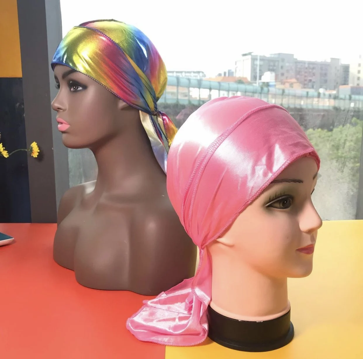 

Satin Silk Silky Hair Designer Durag Headband and Bonnet Sets Durags For Man Durag Bonnet Vendor Custom Logo, Customized color