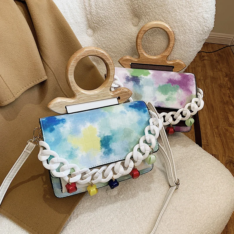 

Wooden Handle Fashion Tie Dye Leather Handbag Purse 2021 New Arrivals Bag Candy Color Luxury Purse Shoulder Square Bag, 10 color can choose or custom you like color