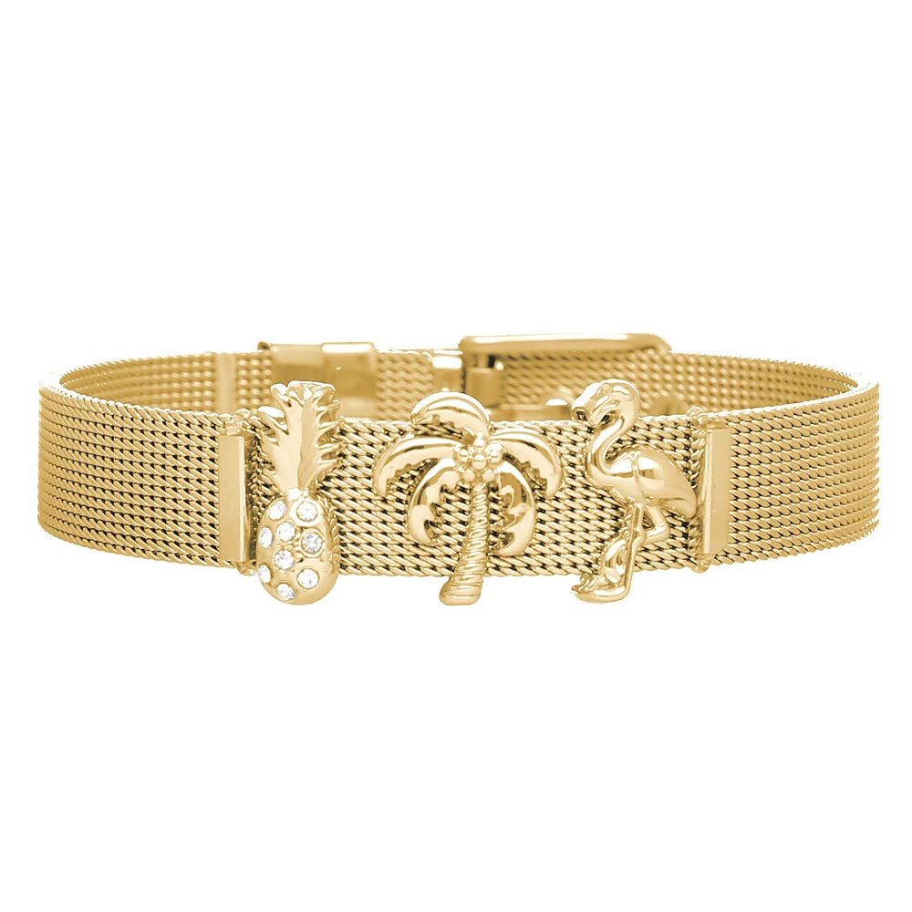 

Beken Fashion Hawaiian Stainless Steel Jewellery Gold Plated Tropical Palm Tree Charm Keeper Mesh Bracelet Gold Filled Jewelry