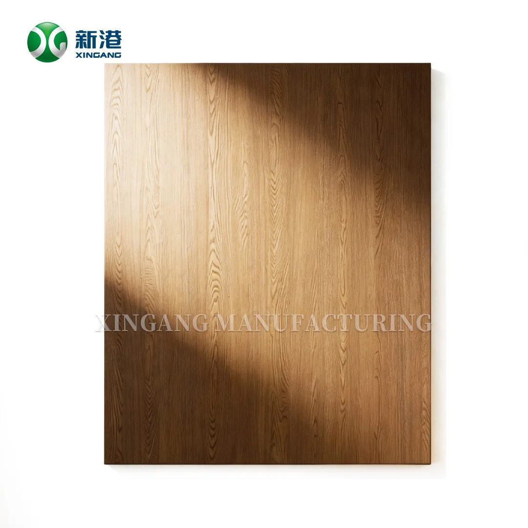Oak-faced HPL panel photographed in raking light showing grain relief