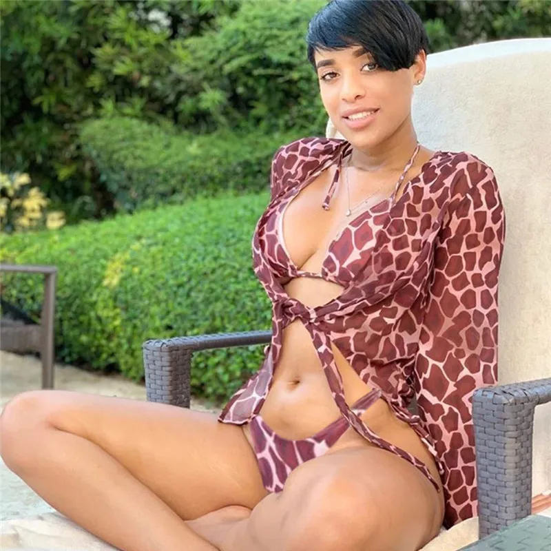 

New arrival Women Sexy Bikini Mesh See Through Long Sleeves Cover Top Three Piece Swimsuit Set Swimwear women