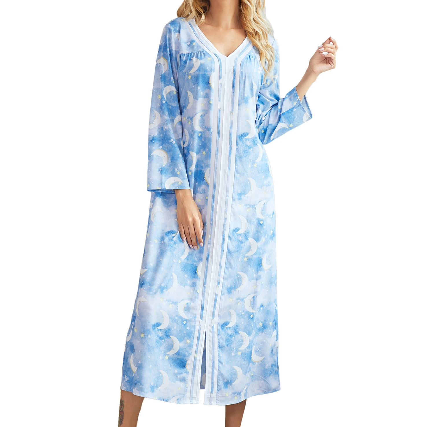 

Custom label Women's long sleeve printed nightdress in stock ladies elegant long nightgown