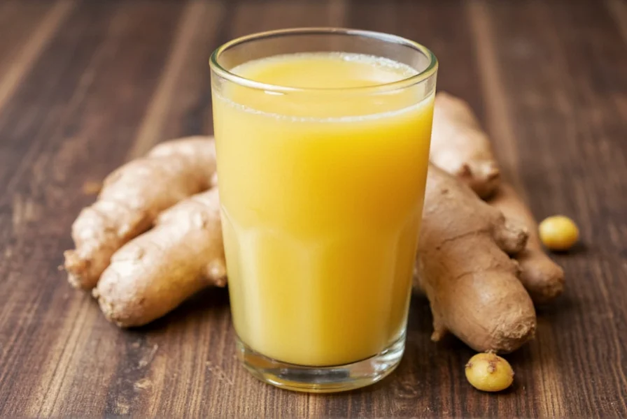 Fresh ginger root juice in glass container with sliced ginger