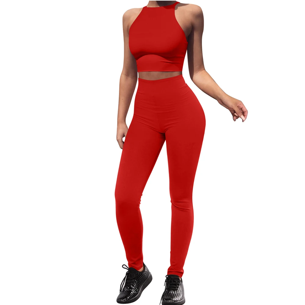 

New Arrivals Two Piece Sexy Hip Lifting Halter Sleeveless Crop Top Tight Pant Body Suit Women