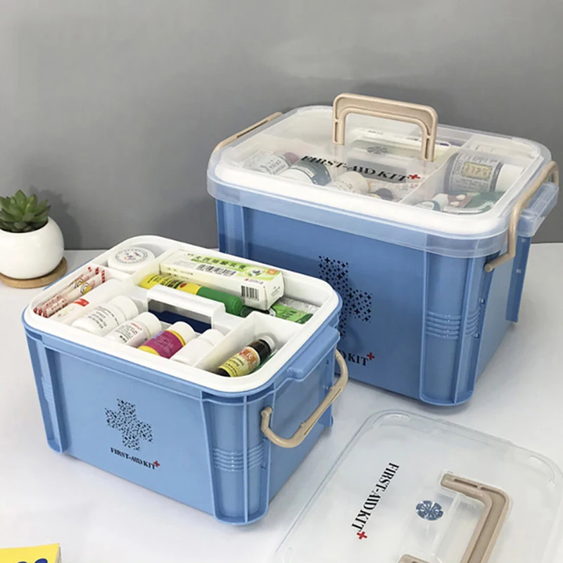 

Household First Aid Kit Box Emergency Medicine Box Portable 2 Layer Medical Pill Organizer Storage Box Medicine, Blue, gray