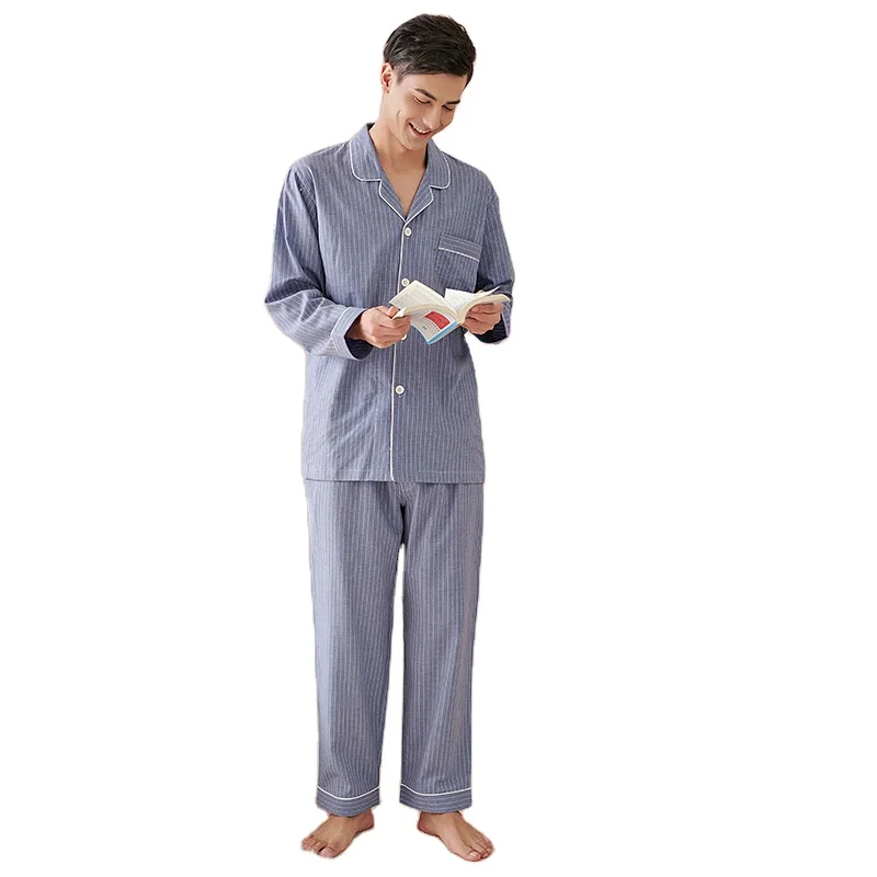 

Spring and summer striped couple style home service suit men and women long-sleeved trousers pajamas home service, M18-blue