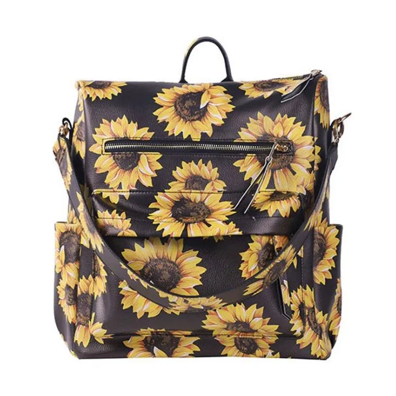 

DOMIL PU Leather Multifunctional Aztec Cow Sunflower Print Backpack Travel Purse Nappy Shoulder Bag for Women, As pictures