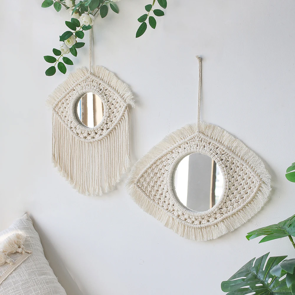 

Nordic Bohemia Boho Rattan Large Round Handmade Macrame Tapestry Cotton Makeup Porch Mirror Wall Hanging Chic Home Decoration