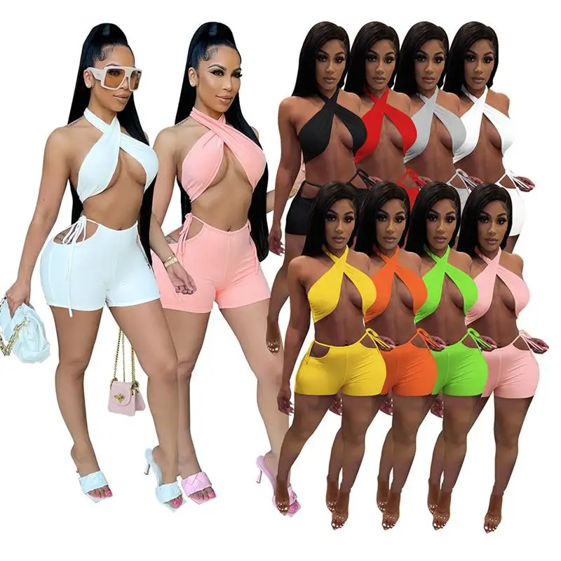 

Wholesale 2021 Cheap New Two Piece Set Halter Crop Top Bandage Hollow Biker Shorts Sexy Night Club Outfits Set for women