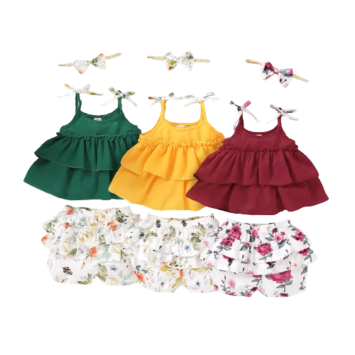 

2021 Girl Summer sleeveless headband lotus leaf edge sling three pieces set children clothes baby kids for wholesale, As pic shows, we can according to your request also