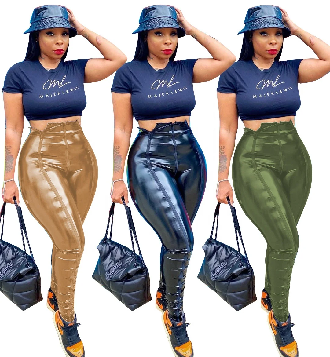 

2020 Hot Women New Fashion Solid High Waist Pu Faux Leather Zipper Pants, As shown